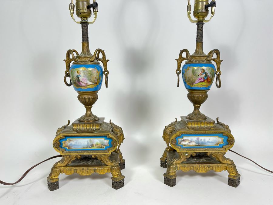 Impressive Pair Of French Table Lamps (Working) With Handpainted Porcelain And Gilt Bronze (Note Both Lamps Have Slight Cracks In Metal) 7W X 24H [Photo 3]