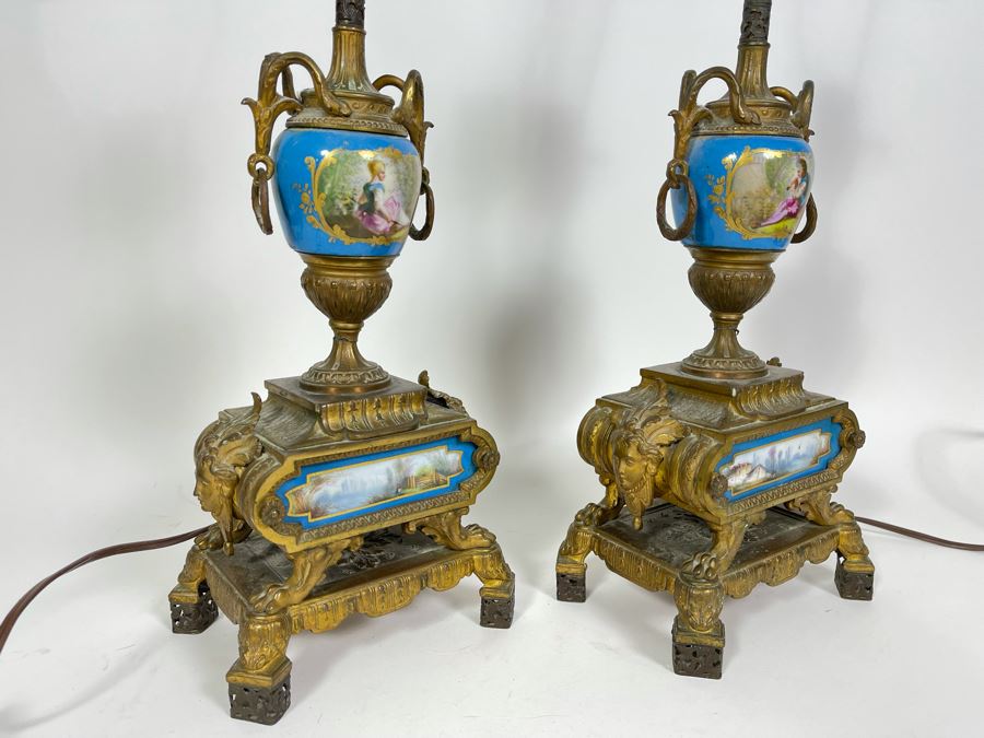 Impressive Pair Of French Table Lamps (Working) With Handpainted Porcelain And Gilt Bronze (Note Both Lamps Have Slight Cracks In Metal) 7W X 24H [Photo 7]
