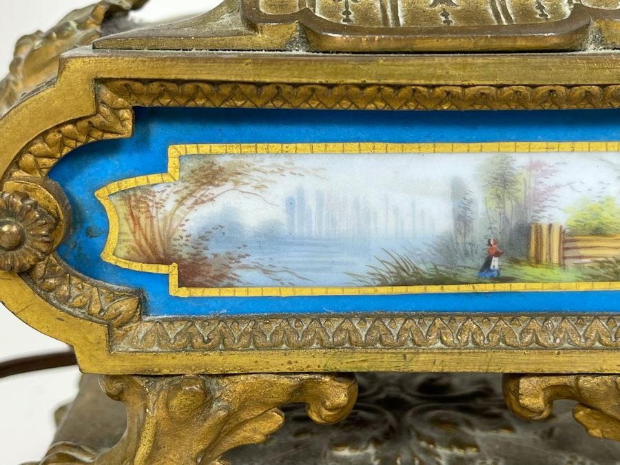 Impressive Pair Of French Table Lamps (Working) With Handpainted Porcelain And Gilt Bronze (Note Both Lamps Have Slight Cracks In Metal) 7W X 24H [Photo 18]