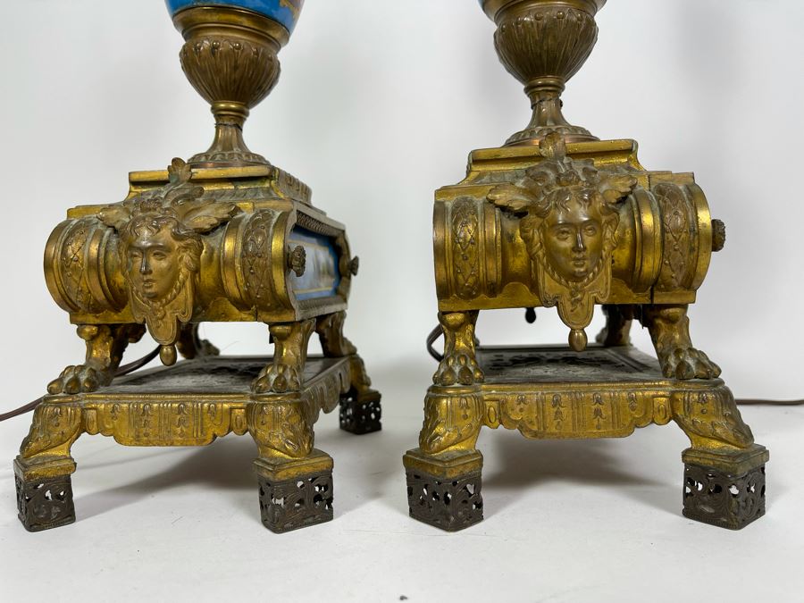 Impressive Pair Of French Table Lamps (Working) With Handpainted Porcelain And Gilt Bronze (Note Both Lamps Have Slight Cracks In Metal) 7W X 24H [Photo 11]