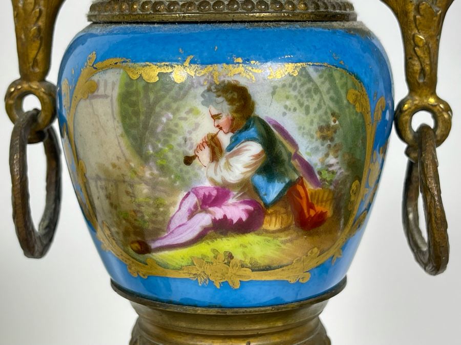 Impressive Pair Of French Table Lamps (Working) With Handpainted Porcelain And Gilt Bronze (Note Both Lamps Have Slight Cracks In Metal) 7W X 24H [Photo 15]