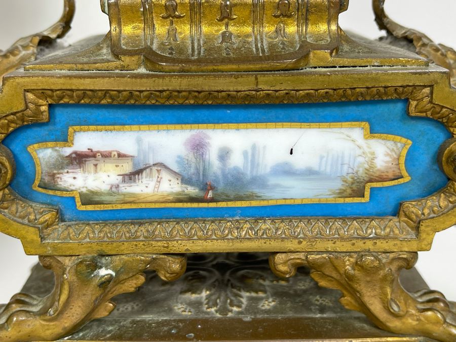 Impressive Pair Of French Table Lamps (Working) With Handpainted Porcelain And Gilt Bronze (Note Both Lamps Have Slight Cracks In Metal) 7W X 24H [Photo 12]