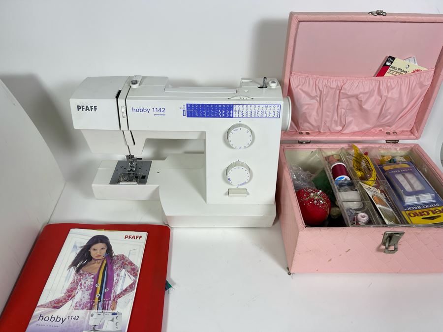 PFAFF Hobby 1142 Sewing Machine (Missing Electrical Cord) With Box Of Sewing Supplies