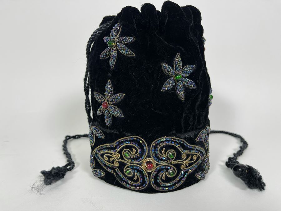 Beaded Black Velvet Drawstring Bag Purse [Photo 3]