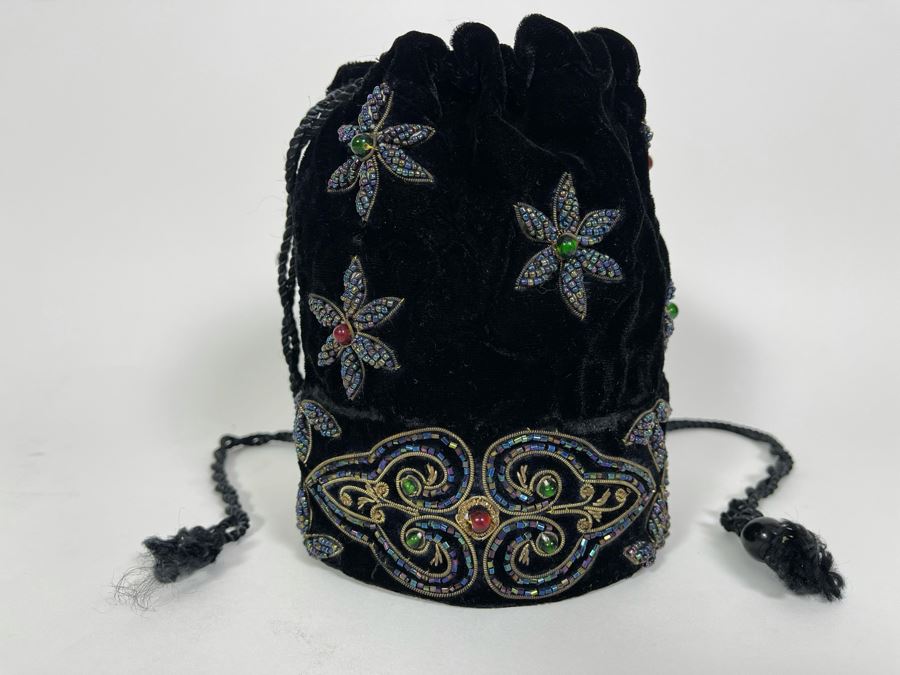 Beaded Black Velvet Drawstring Bag Purse [Photo 1]