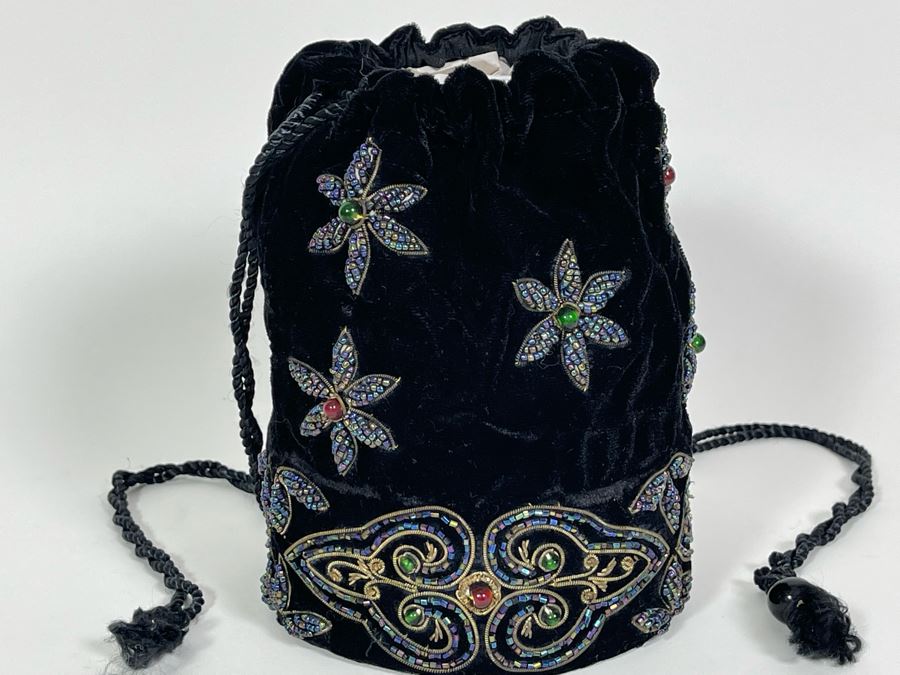Beaded Black Velvet Drawstring Bag Purse [Photo 6]