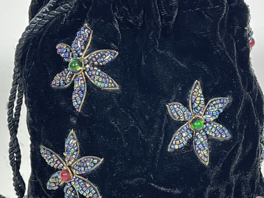 Beaded Black Velvet Drawstring Bag Purse [Photo 7]