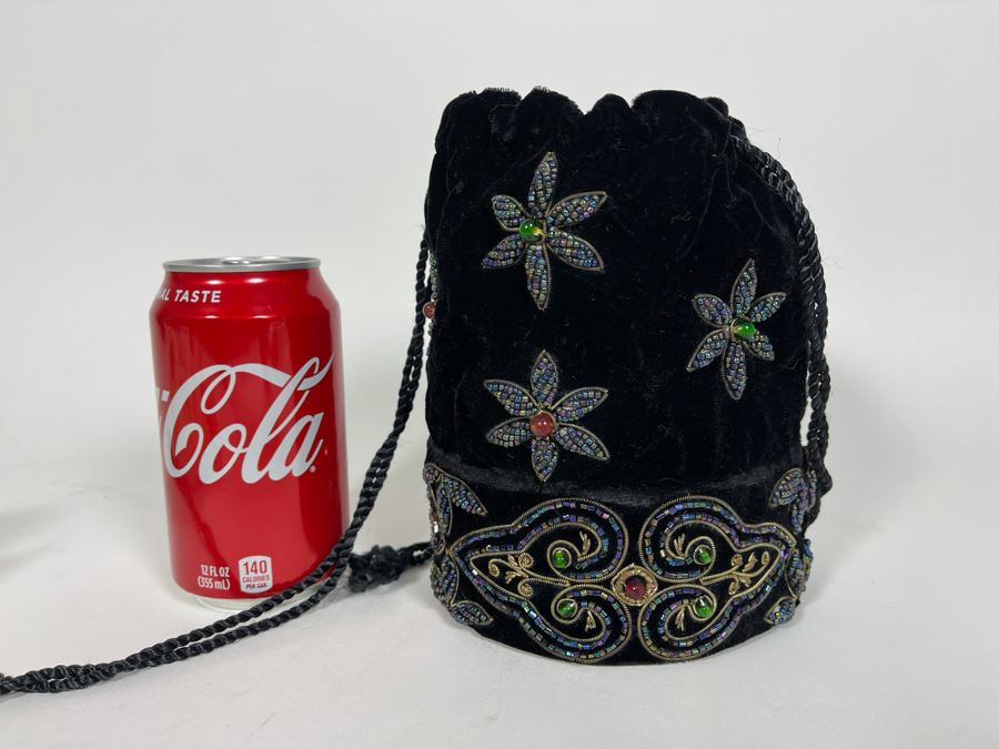 Beaded Black Velvet Drawstring Bag Purse [Photo 2]