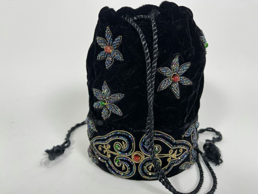 Beaded Black Velvet Drawstring Bag Purse [Photo 8]
