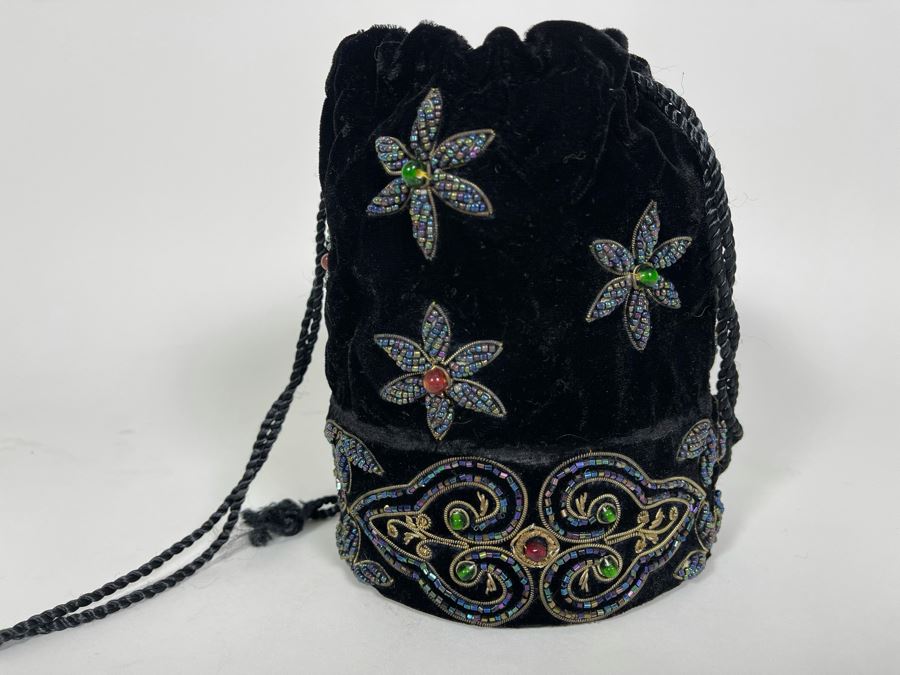 Beaded Black Velvet Drawstring Bag Purse [Photo 9]