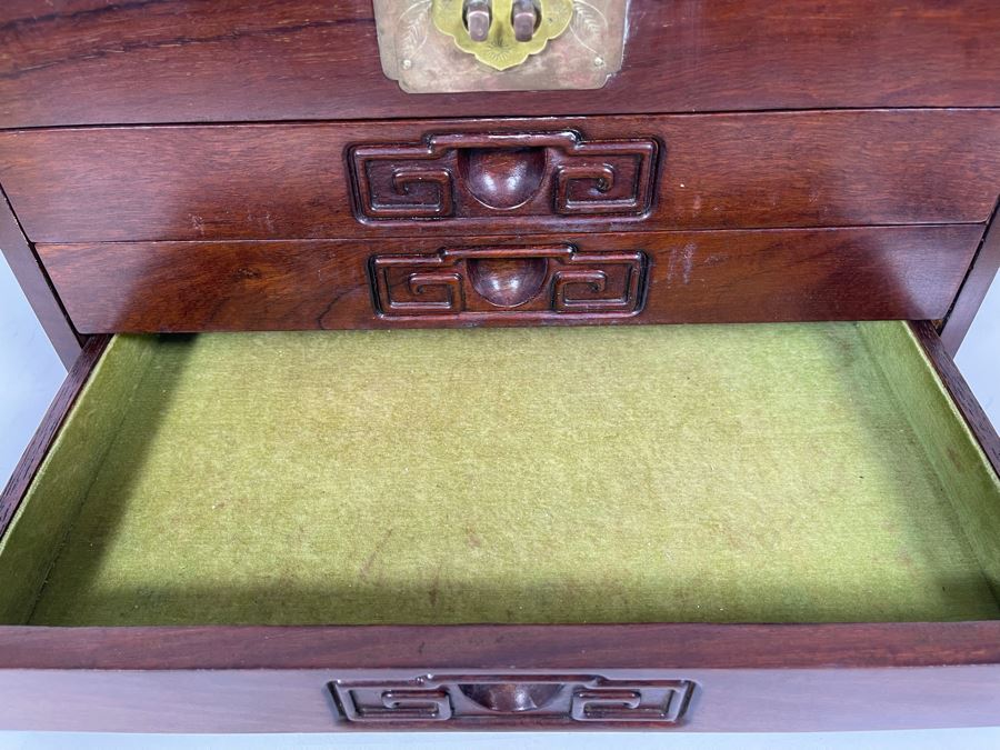 Vintage Chinese Hong Kong Wooden Jewelry Box With Brass Accents And Lock 14W X 9D X 9H [Photo 16]