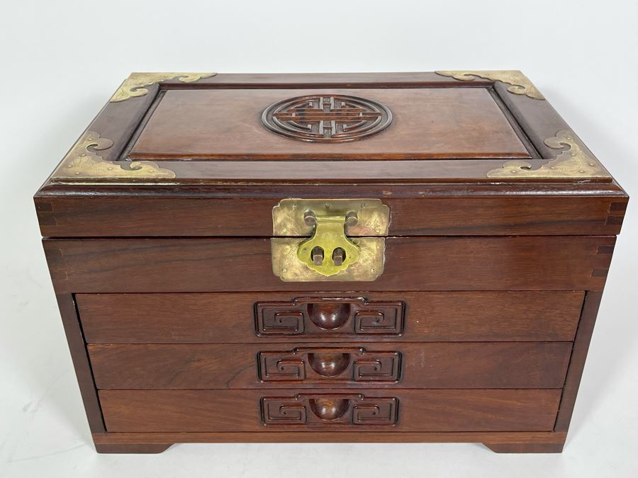Vintage Chinese Hong Kong Wooden Jewelry Box With Brass Accents And Lock 14W X 9D X 9H