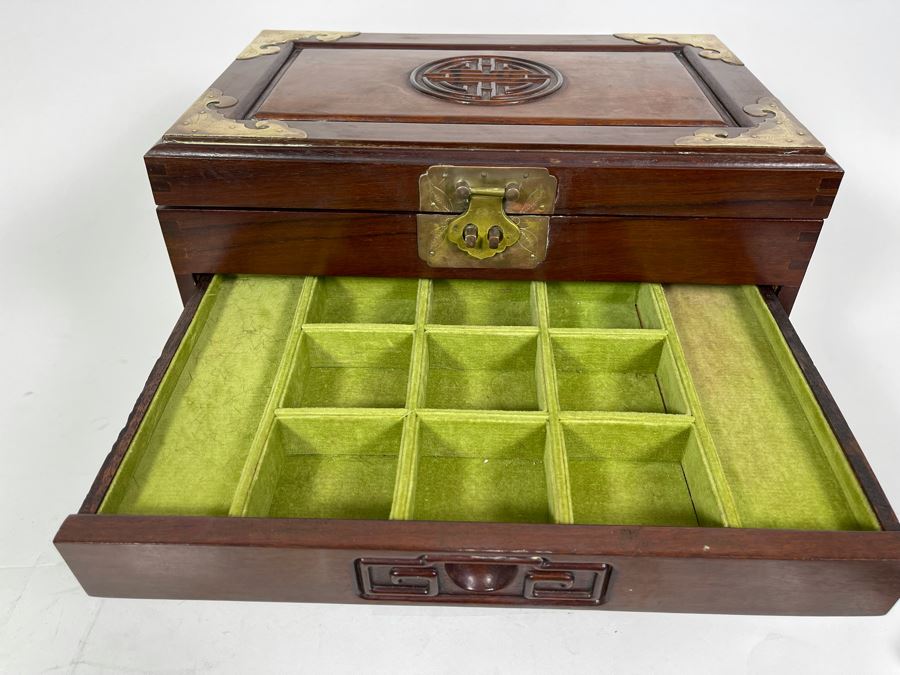Vintage Chinese Hong Kong Wooden Jewelry Box With Brass Accents And Lock 14W X 9D X 9H [Photo 14]