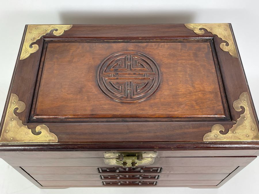 Vintage Chinese Hong Kong Wooden Jewelry Box With Brass Accents And Lock 14W X 9D X 9H [Photo 4]