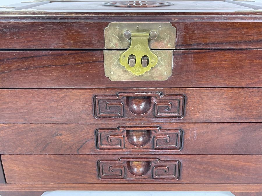 Vintage Chinese Hong Kong Wooden Jewelry Box With Brass Accents And Lock 14W X 9D X 9H [Photo 6]