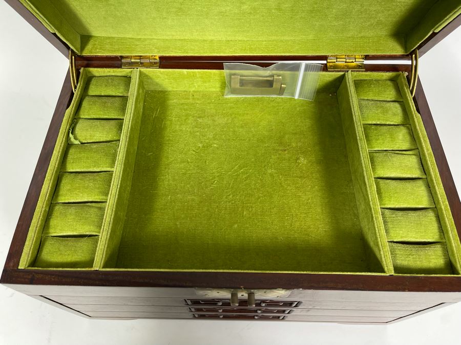 Vintage Chinese Hong Kong Wooden Jewelry Box With Brass Accents And Lock 14W X 9D X 9H [Photo 12]