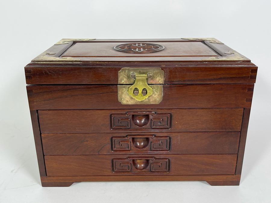 Vintage Chinese Hong Kong Wooden Jewelry Box With Brass Accents And Lock 14W X 9D X 9H [Photo 2]