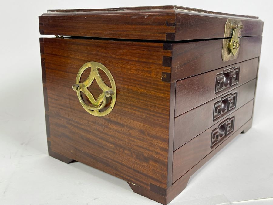 Vintage Chinese Hong Kong Wooden Jewelry Box With Brass Accents And Lock 14W X 9D X 9H [Photo 8]