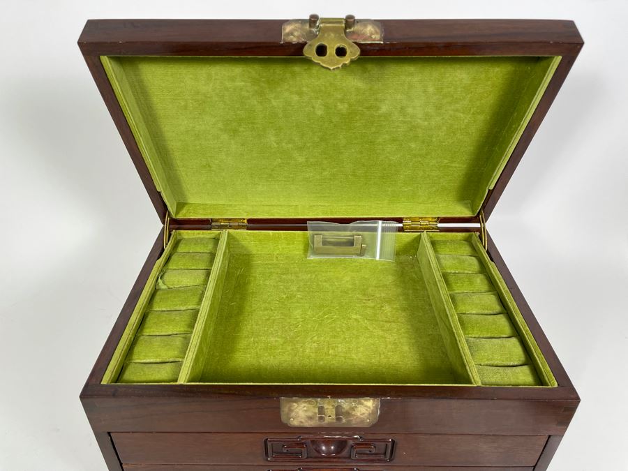 Vintage Chinese Hong Kong Wooden Jewelry Box With Brass Accents And Lock 14W X 9D X 9H [Photo 11]