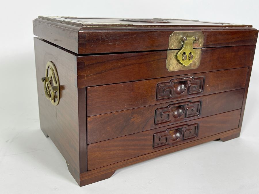 Vintage Chinese Hong Kong Wooden Jewelry Box With Brass Accents And Lock 14W X 9D X 9H [Photo 7]