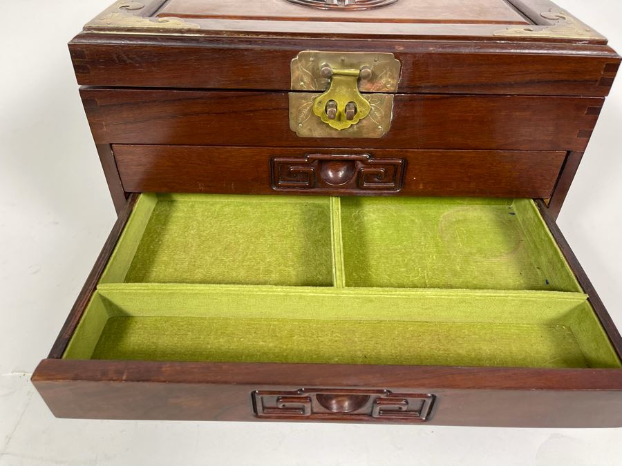 Vintage Chinese Hong Kong Wooden Jewelry Box With Brass Accents And Lock 14W X 9D X 9H [Photo 15]