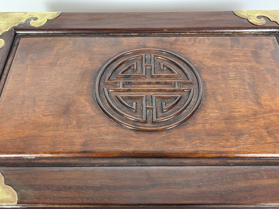 Vintage Chinese Hong Kong Wooden Jewelry Box With Brass Accents And Lock 14W X 9D X 9H [Photo 5]