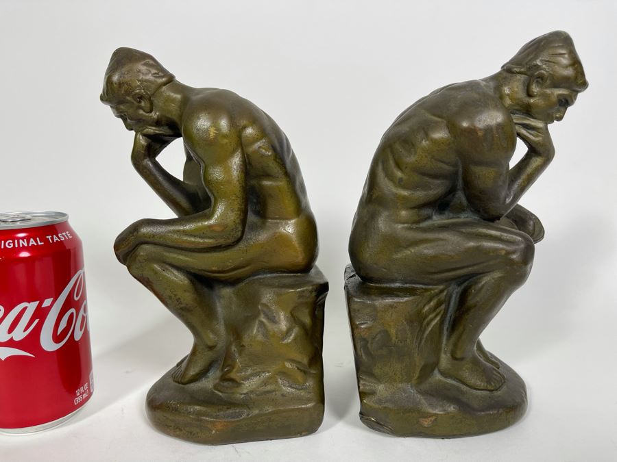 Pair Of Vintage Art Deco Clad Bronze Bookend Figures After Rodin The Thinker From The Armor Bronze Company New York City 9H [Photo 1]