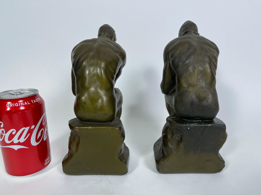 Pair Of Vintage Art Deco Clad Bronze Bookend Figures After Rodin The Thinker From The Armor Bronze Company New York City 9H [Photo 5]