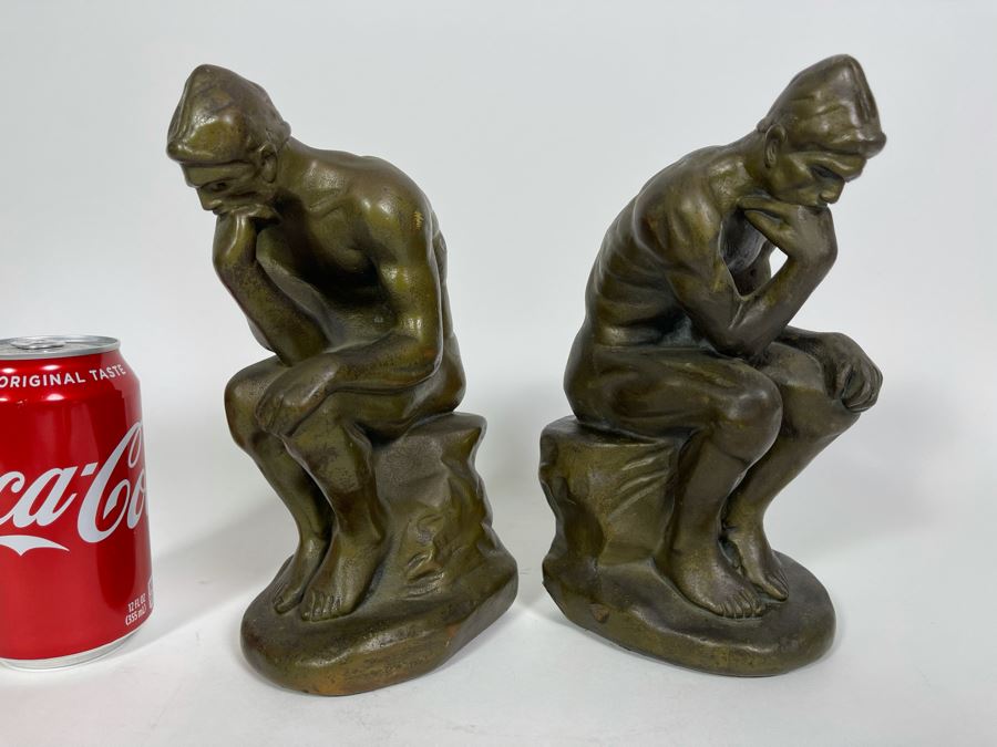 Pair Of Vintage Art Deco Clad Bronze Bookend Figures After Rodin The Thinker From The Armor Bronze Company New York City 9H [Photo 3]