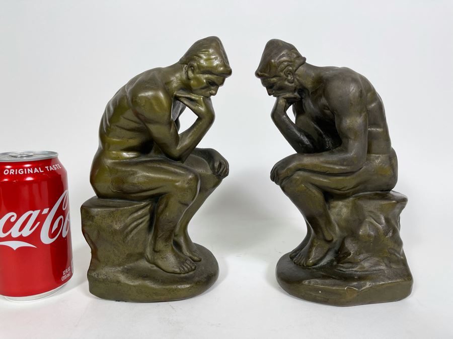 Pair Of Vintage Art Deco Clad Bronze Bookend Figures After Rodin The Thinker From The Armor Bronze Company New York City 9H [Photo 4]