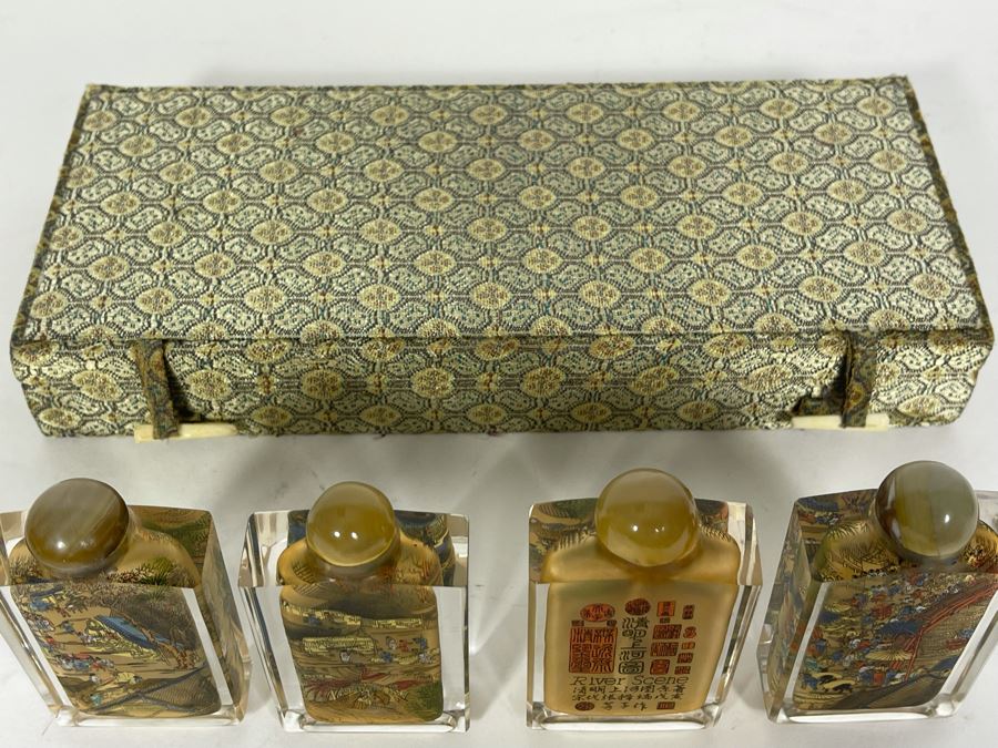 Vintage Chinese Reverse Painted Glass Snuff Bottles River Scenes With Box [Photo 16]