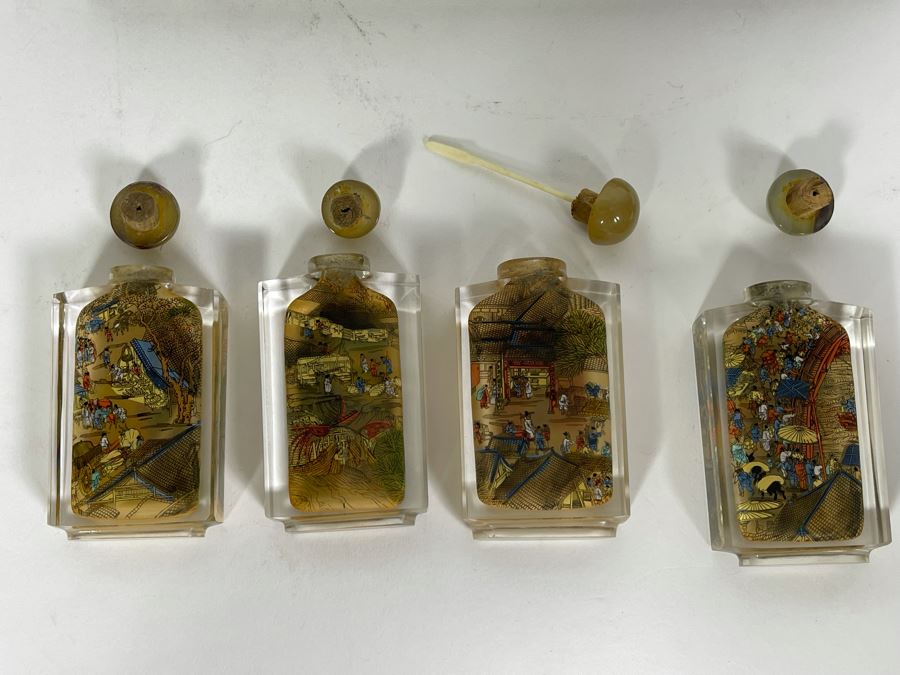 Vintage Chinese Reverse Painted Glass Snuff Bottles River Scenes With Box [Photo 2]