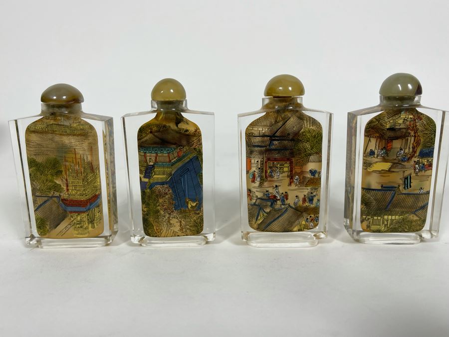 Vintage Chinese Reverse Painted Glass Snuff Bottles River Scenes With Box [Photo 5]