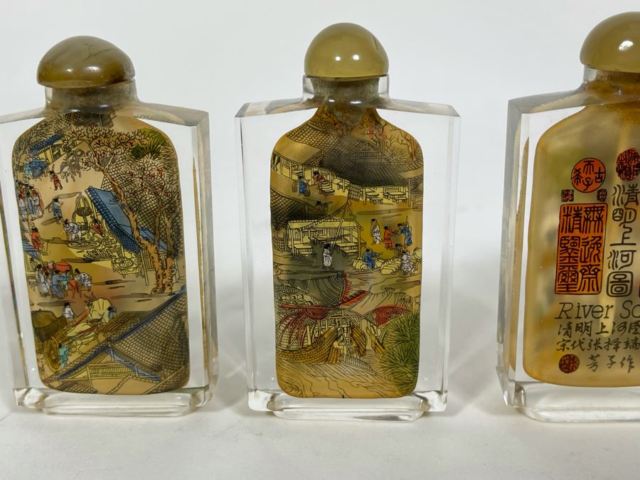 Vintage Chinese Reverse Painted Glass Snuff Bottles River Scenes With Box [Photo 13]
