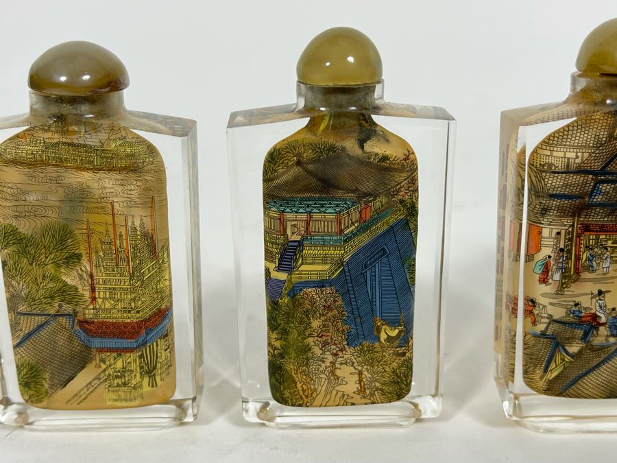 Vintage Chinese Reverse Painted Glass Snuff Bottles River Scenes With Box [Photo 7]