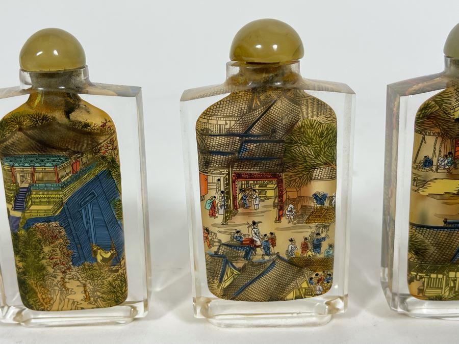Vintage Chinese Reverse Painted Glass Snuff Bottles River Scenes With Box [Photo 8]