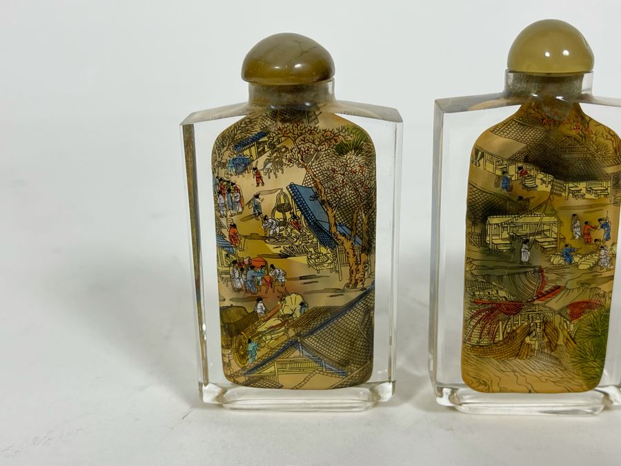Vintage Chinese Reverse Painted Glass Snuff Bottles River Scenes With Box [Photo 12]