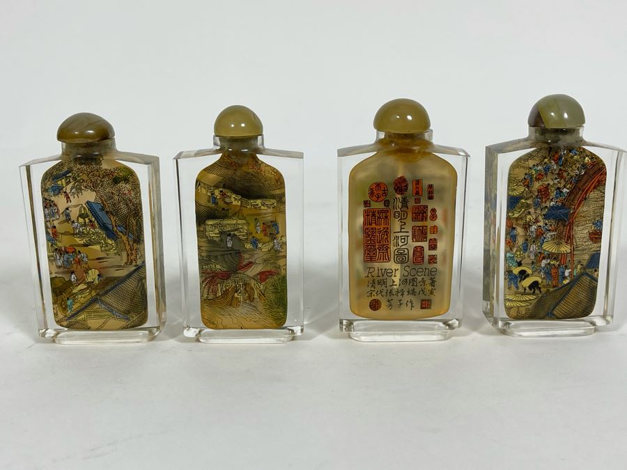 Vintage Chinese Reverse Painted Glass Snuff Bottles River Scenes With Box [Photo 4]