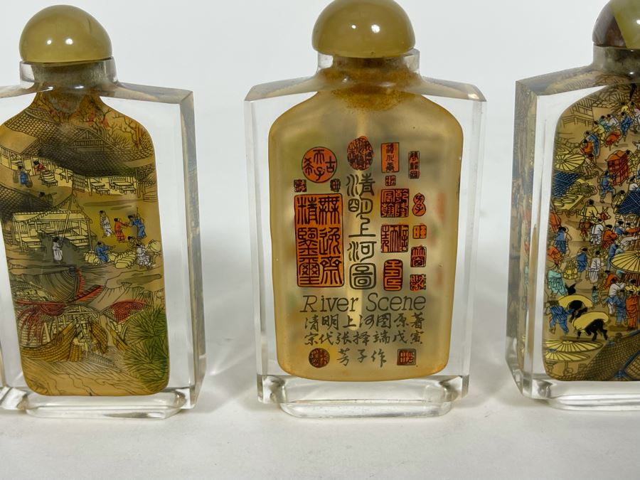 Vintage Chinese Reverse Painted Glass Snuff Bottles River Scenes With Box [Photo 14]