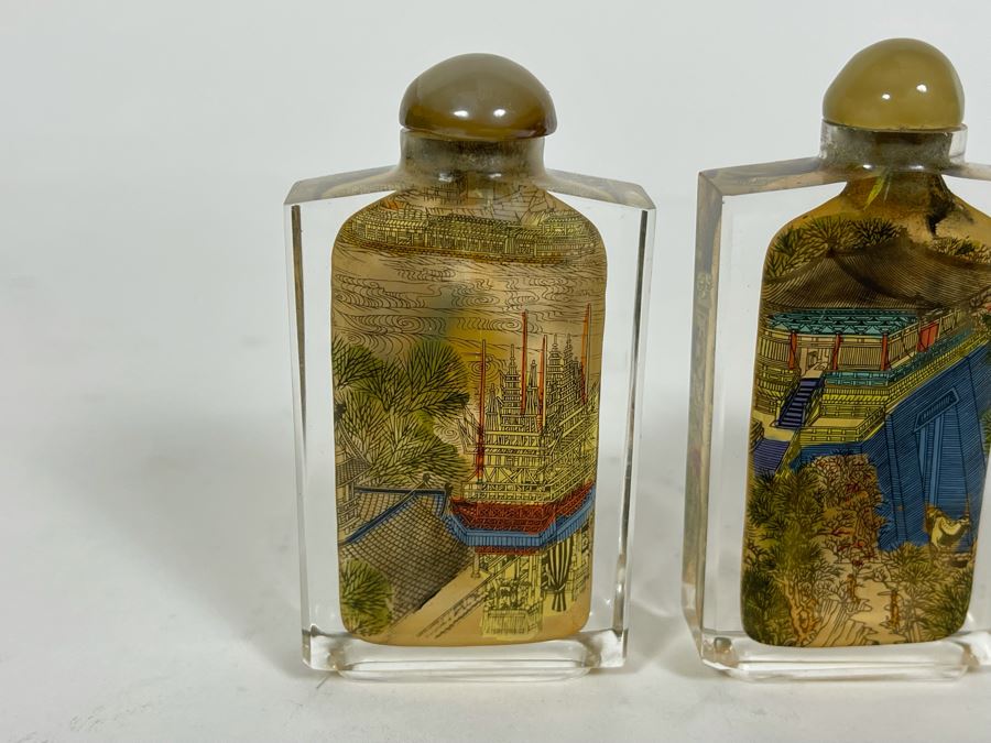 Vintage Chinese Reverse Painted Glass Snuff Bottles River Scenes With Box [Photo 6]