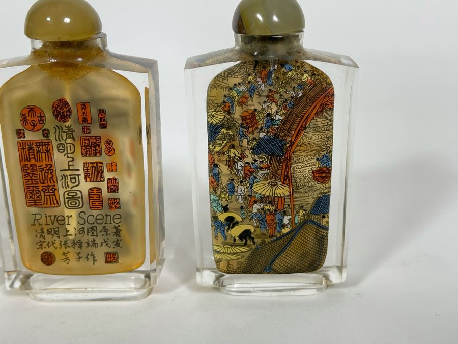 Vintage Chinese Reverse Painted Glass Snuff Bottles River Scenes With Box [Photo 15]