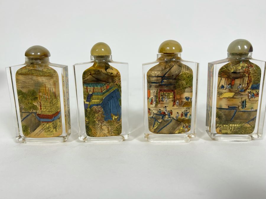 Vintage Chinese Reverse Painted Glass Snuff Bottles River Scenes With Box [Photo 1]