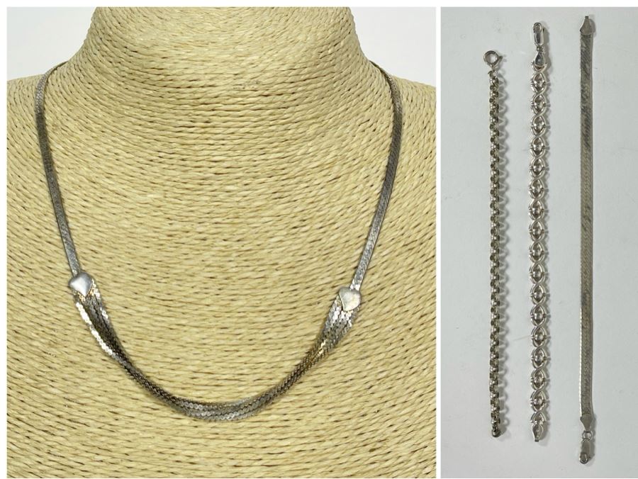 Sterling Silver 18' Necklace And Three Sterling Silver Bracelets 22.8g [Photo 1]