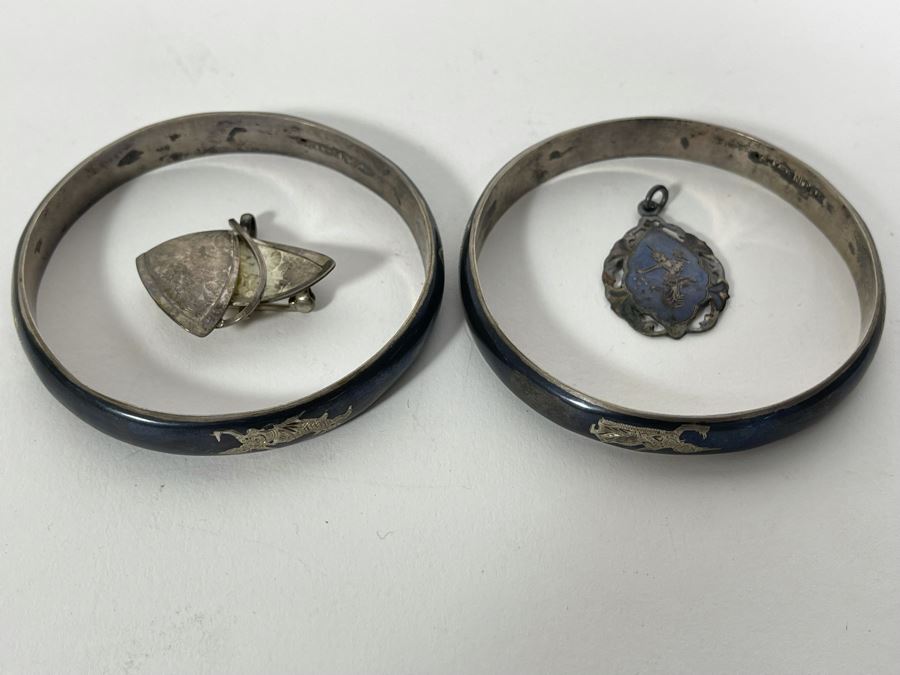 Pair Of Sterling Silver Bangle Bracelets, Sterling Silver Pendant And Sterling Silver Brooch Pin 38.9g [Photo 3]
