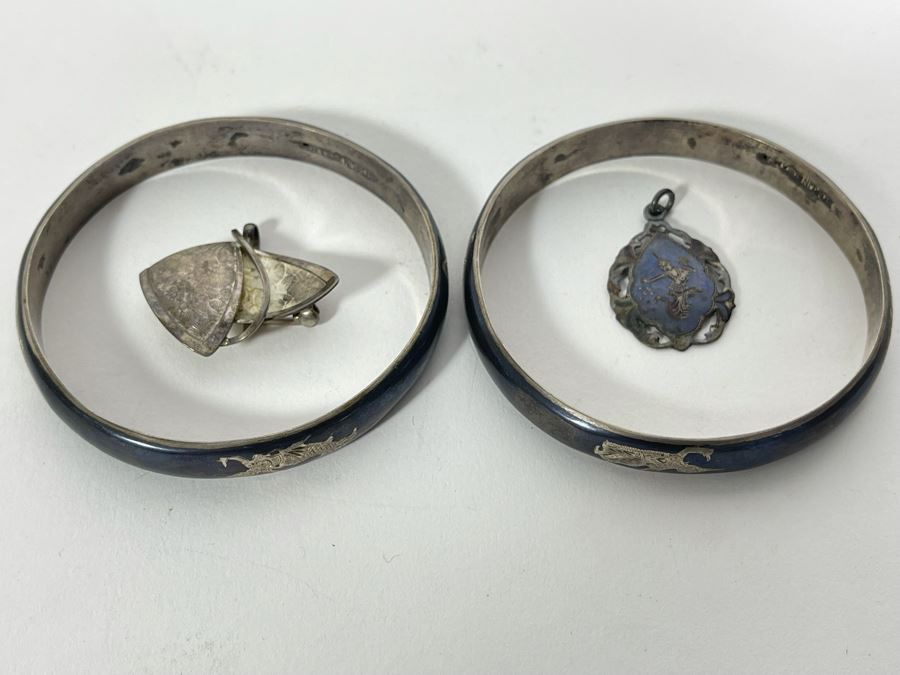 Pair Of Sterling Silver Bangle Bracelets, Sterling Silver Pendant And Sterling Silver Brooch Pin 38.9g [Photo 1]