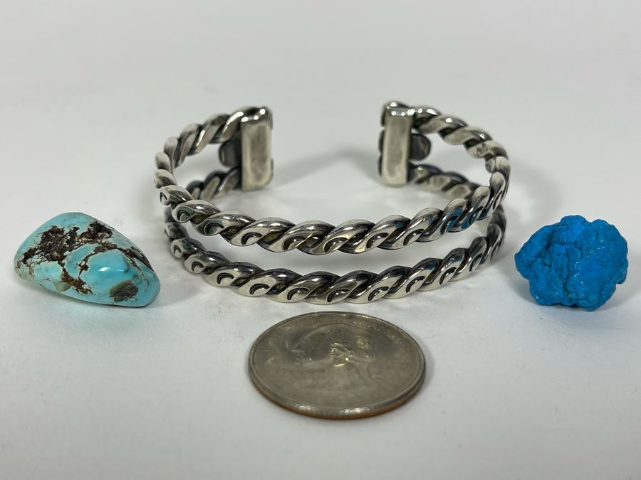 Sterling Silver Bracelet 2.5W 32.8g With Pair Of Turquoise Chunks [Photo 6]