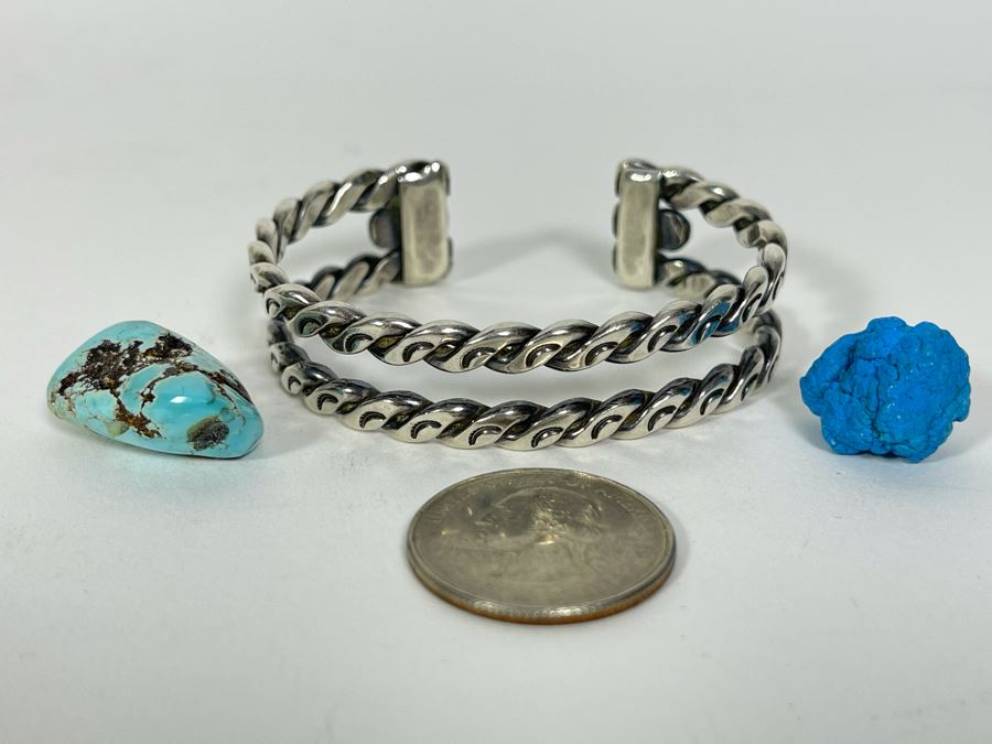 Sterling Silver Bracelet 2.5W 32.8g With Pair Of Turquoise Chunks [Photo 8]