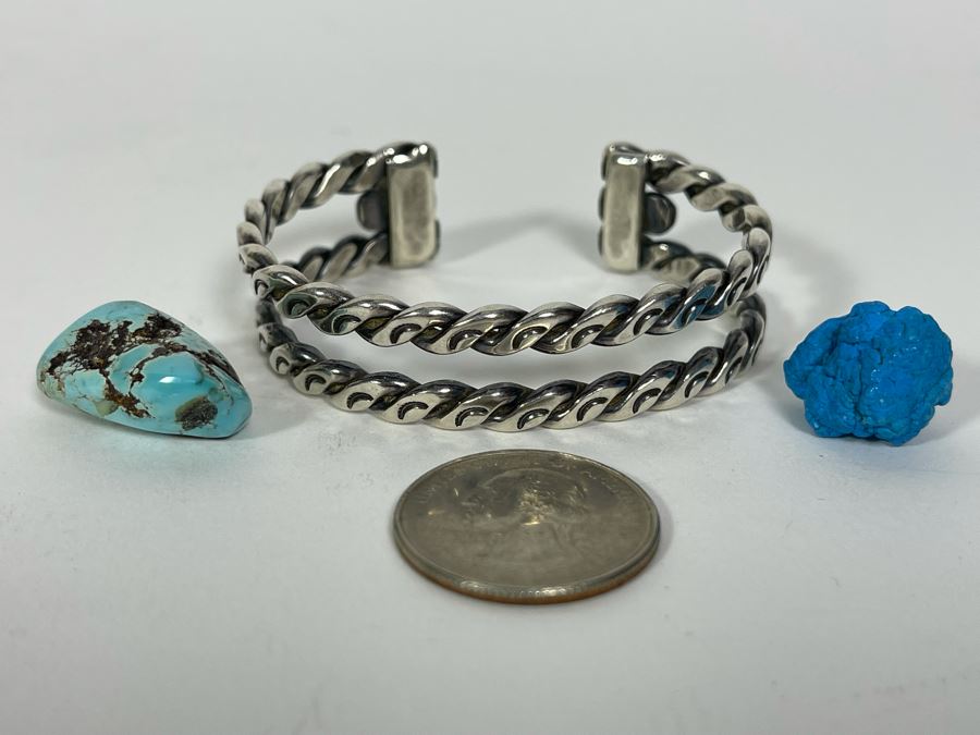 Sterling Silver Bracelet 2.5W 32.8g With Pair Of Turquoise Chunks [Photo 7]