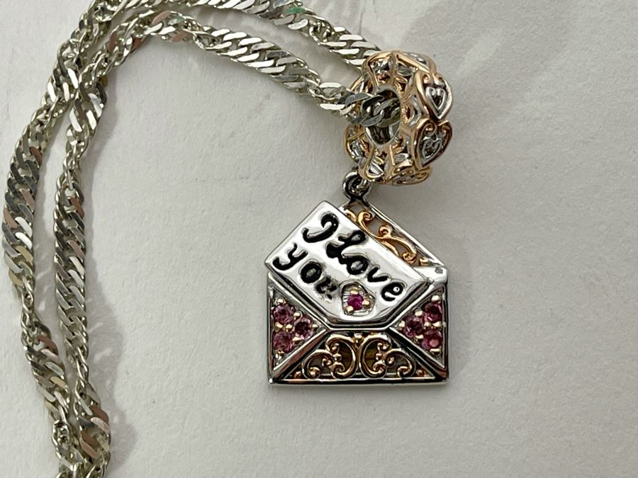 Sterling Silver Pink Sapphire I Love You Charm Pendant With Sterling Silver 18' Chain Necklace 10g [Photo 9]