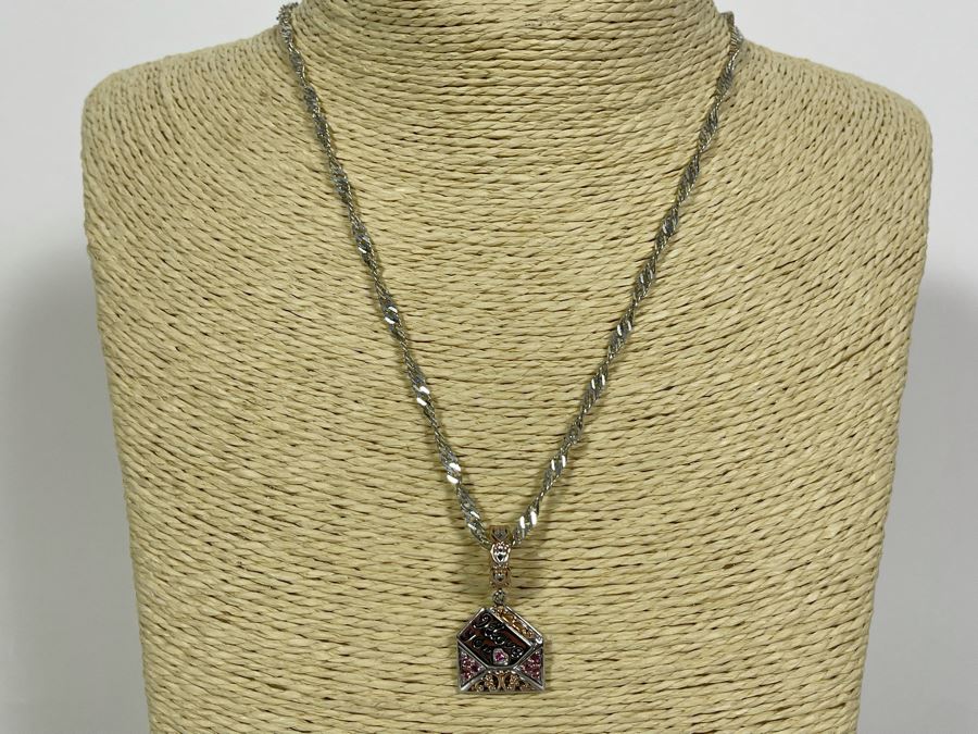 Sterling Silver Pink Sapphire I Love You Charm Pendant With Sterling Silver 18' Chain Necklace 10g [Photo 3]